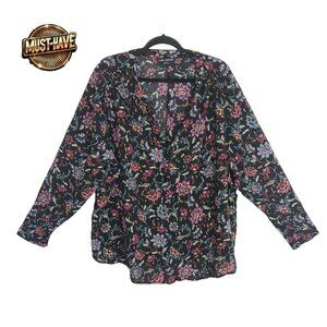 Lane Bryant Women's Floral Blouse 26 Black Long Sleeve V-Neck Boho
